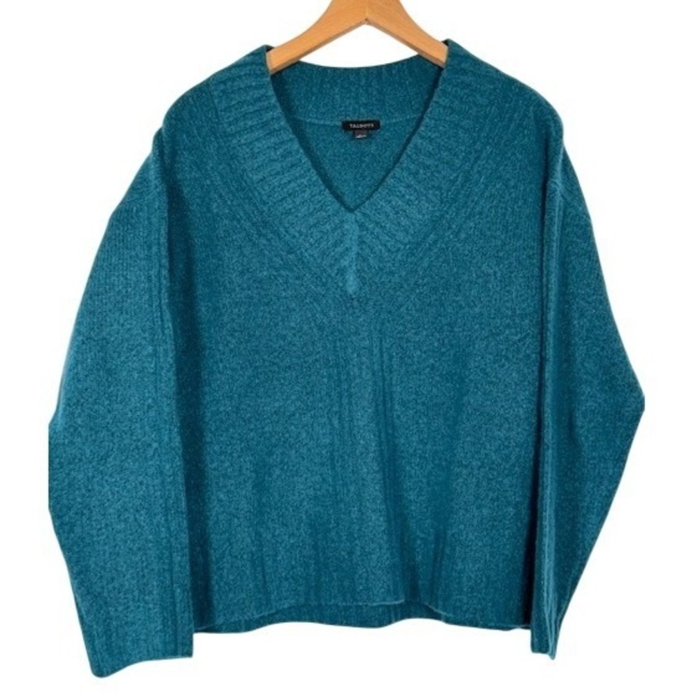 Talbots Teal Textured V Neck Long Wool Blend Sweater Women's Size L